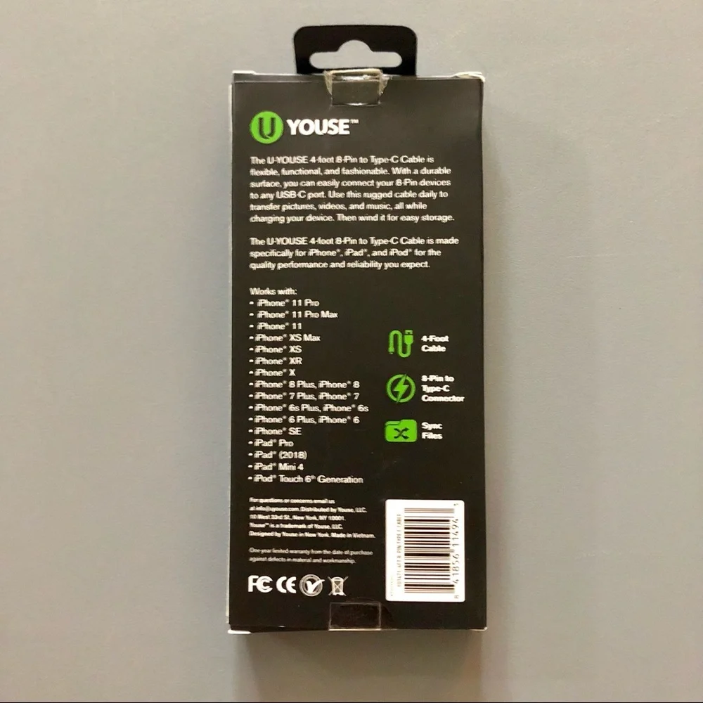 Youse Black 4 ft 8 Pin to Type-C Charging Cable NWT